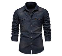 Mens Slim Fit Washed Denim Work Shirts with Chest Pockets Classic Long Sleeve Button Down Lapel Collared Truck Shirts(Navy,Small)