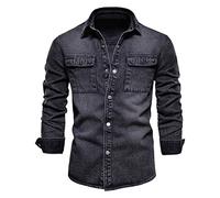 Mens Slim Fit Washed Denim Work Shirts with Chest Pockets Classic Long Sleeve Button Down Lapel Collared Truck Shirts(Xa-Black,X-Large)