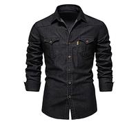 Mens Slim Fit Washed Denim Work Shirts with Chest Pockets Classic Long Sleeve Button Down Lapel Collared Truck Shirts(Black,Small)