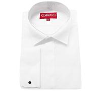 Men's Slim Ivory/White Victorian Wing Collar Fly Front Double Cuff Dress Shirt (1.5" Long Sleeve) (Collar 16", White)