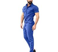 Mens Slim Spring & Summer Solid Color Short-Sleeve Jumpsuit Pants Trousers, Tooling Romper with Zipper, Lace-Up Drawstring Detail & Pockets for Casual & Outdoor Wear Blue