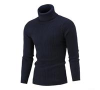 Men's Slim Turtleneck Sweater Warm Cotton Blend Long Sleeve(Navy blue L)
