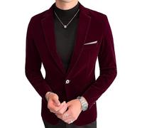 Men's Slim Velvet Suit Single Button Wedding Jacket Notched Lapel Velvet Suit Jacket, wine red, 4XL