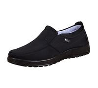 Men's Slip on Casual Walking Shoes with Embroidered Logo, Lightweight Loafers with Elastic Side Panels, Soft Cushioned Insole and Flexible Sole, Breathable Fabric Upper, Supportive and Durable Black