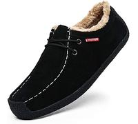 Men's Slip On Moccasin Slippers Male Loafers Suede Indoor Outdoor Boat Shoes Casual Fuzzy Comfy Shoes Memory Foam（Black,9/9.5 UK,45 Brand Size