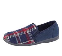 Mens Slip On Slippers Navy Blue Check Velour Memory Foam (numeric_10)
