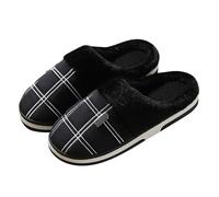 mens slippers black plaid plush house mules, white grid pattern, soft collar, closed toe indoor slipper with open heel, for bedrooms, dorm rooms, winter mornings, home office routines, e (Black, 10.5)