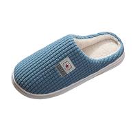 mens slippers blue quilted plush house mules, waffle stitched upper with soft looking lining, open back covered toe shape, contrast edge, for cooler mornings, bedrooms, dorms, relaxed home (Blue, 6.5)
