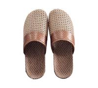 Mens Slippers Brown Woven Closed Toe Mules, Basket Weave Texture, Open Back Entry, Flat Indoor Slipper Shape with Dark Footbed, for Bedroom, Guest Rooms, Home Office, Warm Indoor Floors (Coffee, 5.5)