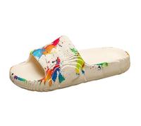 Mens Slippers Cream Paint Print Slide Sandals, Colour Splash Strap Over a Light Footbed, Open Toe Platform Slide with Wide Band, for Poolside, Beach Holidays, Summer Home wear, Casual (Beige, 3)