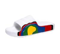 Mens Slippers Cream Rainbow Strap Slide Sandals, Bold Multicolour Side Band, Chunky Base, Open Toe Mule Slide with Raised Sole, for Beach Trips, Pool Days, Holidays, Bright Summer Outfits (White, 7)