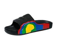 Mens Slippers Cream Rainbow Strap Slide Sandals, Bold Multicolour Side Band, Chunky Base, Open Toe Mule Slide with Raised Sole, for Beach Trips, Pool Days, Holidays, Bright Summer Outfits (Black, 7)
