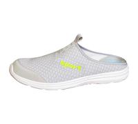 mens slippers navy mesh backless clogs, woven look upper with yellow sport lettering, closed toe slip on mule, gripped looking sole, for home, garden, travel, errands, casual outdoor (Light Gray, 8.5)