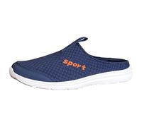 Mens Slippers Navy mesh Backless Clogs, Woven Look Upper with Yellow Sport Lettering, Closed Toe Slip on Mule, gripped Looking Sole, for Home, Garden, Travel, Errands, Casual Outdoor use (Blue, 7)