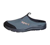 Mens Slippers Navy mesh Backless Clogs, Woven Look Upper with Yellow Sport Lettering, Closed Toe Slip on Mule, gripped Looking Sole, for Home, Garden, Travel, Errands, Casual Outdoor use (Grey, 8)
