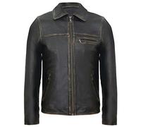 Men's Smart Vintage Black Cow Hide Distressed Leather Harrington Collar Biker Jacket XL