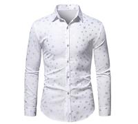 Men's Snowflake Patterned Shirt Long Sleeve Shiny Slim Fit Casual Shirt Cotton Button Up Traditional Shirt Christmas Shirt Casual Lapel Collar Glitter Shirt for Party Wedding, White, L