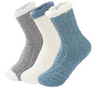 Mens Socks Size 9-11 Winter Cabin Slipper Warm Soft Thick Comfy Socks 3 Pairs Patchwork (Blue, One Size)