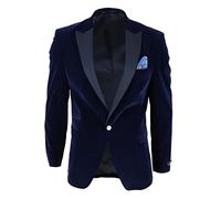 Mens Soft Velvet 1 Button Dinner Jacket Tuxedo Blazer Smart Casual Tailored Fit - Blue 38