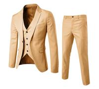Mens Solid 3-Piece Suit One Button Slim Fit Tuxedo Blazer Dress Business Wedding Party Jacket Vest & Pants (Khaki, S)