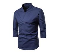 Men's Solid Color Cotton Linen T-Shirts V-Neck 3/4 Sleeve Slim-Fit Tees Button Hipster Stand Collar Chef Yoga Tops,Navy,L