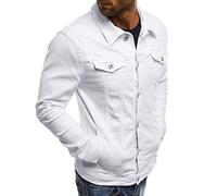 Men's Solid Color Denim Shirt - Lapel Collar, Long Sleeved Hoodless Design, Button Closure, Cargo Style with Pocket, Casual Jacket for Work & Daily Wear White