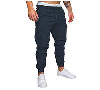 Men's Solid Color Tooling Multi-Pocket Casual Pants Leggings Trousers Navy