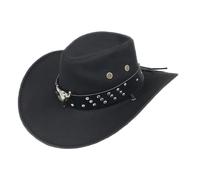 Mens Solid Color Western Cowboy Hats with Bull Head Band Retro Wide Brim Jazz Hat for Adults Outdoor Wear (Black, ONE Size)