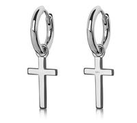 Mens Solid White Gold Plated 925 Sterling Silver Hoop Earrings Trendy 15mm Hypoallergenic Lightweight Huggie Cross Hoop Earrings for Men