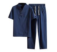 Men's Sports Suit Short Cotton Linen Casual Shirt Summer 2-Piece Outfit Sport Set Sport Shirt + Fabric Trousers Suit Running Suit Man Spring Summer Tracksuit for Men, navy, XL