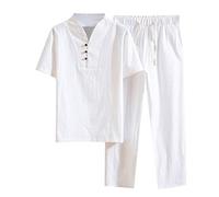 Men's Sports Suit Short Cotton Linen Casual Shirt Summer 2-Piece Outfit Sport Set Sport Shirt + Fabric Trousers Suit Running Suit Man Spring Summer Tracksuit for Men, White, XL