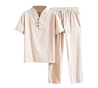 Men's Sports Suit Short Cotton Linen Casual Shirt Summer 2-Piece Outfit Sport Set Sport Shirt + Fabric Trousers Suit Running Suit Man Spring Summer Tracksuit for Men, khaki, XL