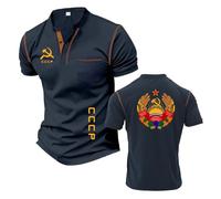 Mens Sportstyle Henley T-Shirt Short Sleeved for C.C.C.P Stand Collar Gym Wear Contrasting Colors Half Sleeve Casual Tee Top Clothes Printed Polo Shirts-ZQS||xx_l