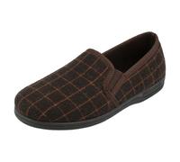 Mens Spot On Brown or Navy Slip On Checked Upper Gusset Full Slippers : Jaydon