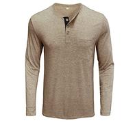 Men's Spring and Autumn Tops Button Round Neck Solid Color Blouse Long-Sleeved Pocket Top Bottoming Shirt Fits Shirt Khaki