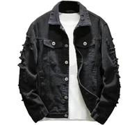 Men's Spring and Fall Transition Solid Color Classic Lapel Hole Denim Jacket Fashion Trend Loose Casual Hip-hop Punk Long-Sleeved Jacket (Black,S)