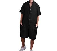 Men's Spring and Summer Tops Jumpsuit Solid Color Stand Collar Jumpsuit Short Sleeve Single Breasted Shorts Jumpsuit 100 Cotton Shorts (Black, XL)