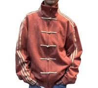 Men's Spring Chinese Style Jacket Buttoned Retro Blue and White Splicing Three Bar Standing Collar Coat- pink||x_l