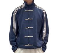 Men's Spring Chinese Style Jacket Buttoned Retro Blue and White Splicing Three Bar Standing Collar Coat- navy blue||5x_l