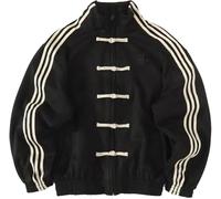 Men's Spring Chinese Style Jacket Buttoned Retro Blue and White Splicing Three Bar Standing Collar Coat- Black||m