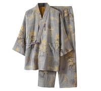 Men's Spring Japanese Kimono Pyjamas Hanboki Loungewear Jacquard Loose Tie Home Set, Light green, L