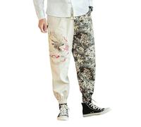 Men's Spring Retro Chinese Style Embroidered Loose Fit Cuffed Hem Long Pants Silver Dragon Pattern Casual Beige XXL