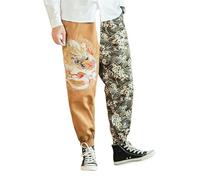 Men's Spring Retro Chinese Style Embroidered Loose Fit Cuffed Hem Long Pants Silver Dragon Pattern Casual Khaki XL
