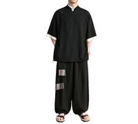Men's Spring/Summer Chinese Style Cotton Linen Mid-Length Coat Frog Buttons Windbreaker Set Black XL