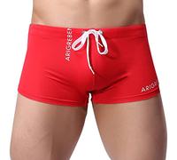 Men's Square Leg Swim Briefs Solid Basic Long Swim Boxer Trunks Athletic Swimwear Bathing Suit Swimming Board Shorts (Red, L)