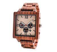 Men's Square Wooden Watch, with Quartz Analog Movement and Date Function, 3 Multifunction Sub-dials, Dark Green and Chestnut(Maroon)