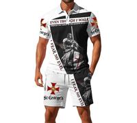 Men's St George's Day Knight Print Patriotic Shirt And Shorts Set Summer Two Piece Matching Outfit for British National Holiday Travel Vacation