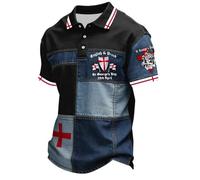 Mens St George's Day Polo Shirt English Flag Graphic Print Patchwork Style Casual Short Sleeve Top