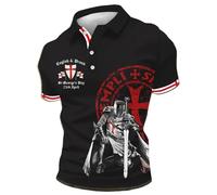 Men's St George's Day Polo Shirt Kneeling Knights Templar with Sword Graphic Templars Cross Seal Design English and Proud Patriotic Top for 23rd April Celebrations and Daily Wear