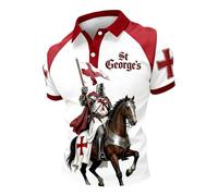 Men's St Georges Day Polo Shirt White & Red Trim Button England Top with Knight on Horseback Flag Design, Short Sleeve Casual Shirt for Patriotic Summer Wear and English Holidays